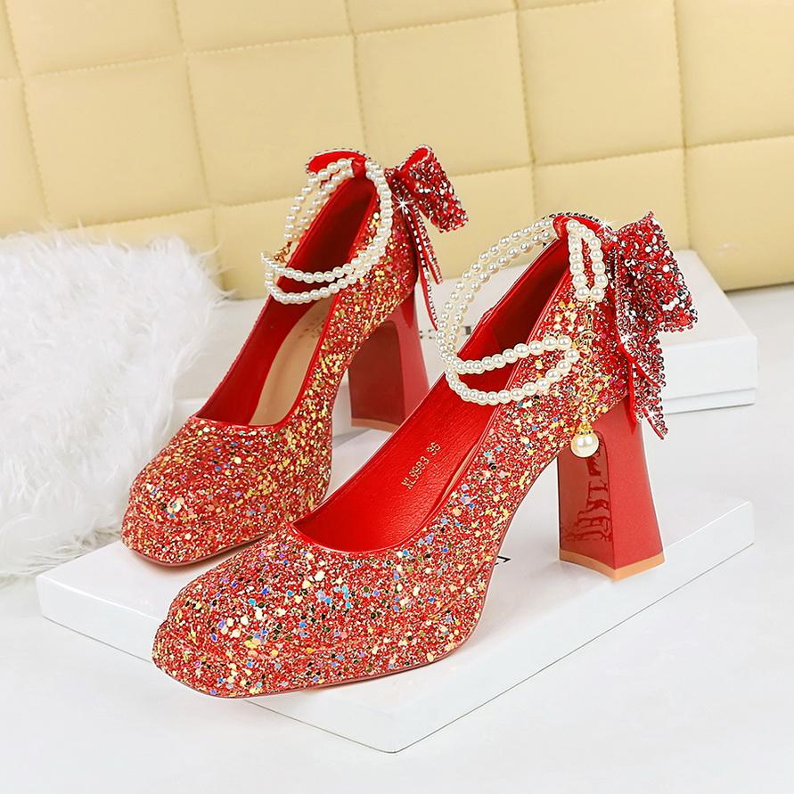 Sweet Pearl Straw High Heels Women's Water Diamond Bow Square Head Waterproof Platform Coarse Straw Shoes