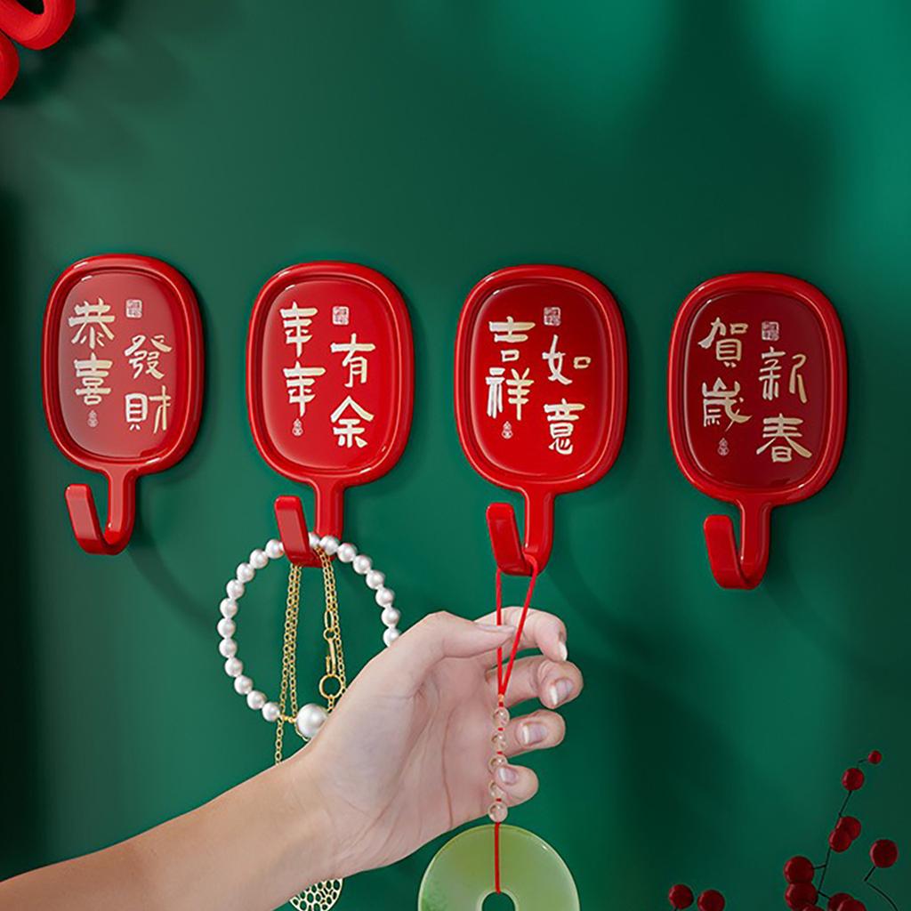 4Pcs Red Blessing Characters Hooks Wall Mounted Chinese Style Door Wall Holder Hangers New Year Spring Festival Decoration Rack