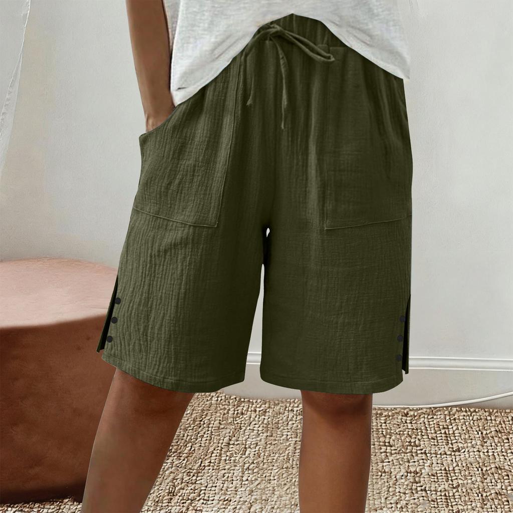 Women's Large Shorts Summer Casual Wide Leg Knee High Waist Cotton Pocket Long Shorts