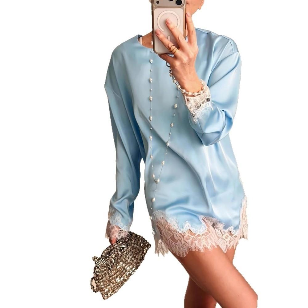Lace Trim Long Sleeve T-shirt O-Neck Tunic Tops Fashion Beach Robe  Summer Wear