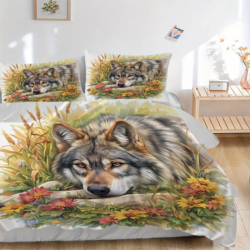 3pcs Serene Wolf amidst Nature's Splendor Printed Duvet Cover Set (1 * Cover+2 * Pillowcase, Without Core), Suitable for Home Bedroom, Guest Room