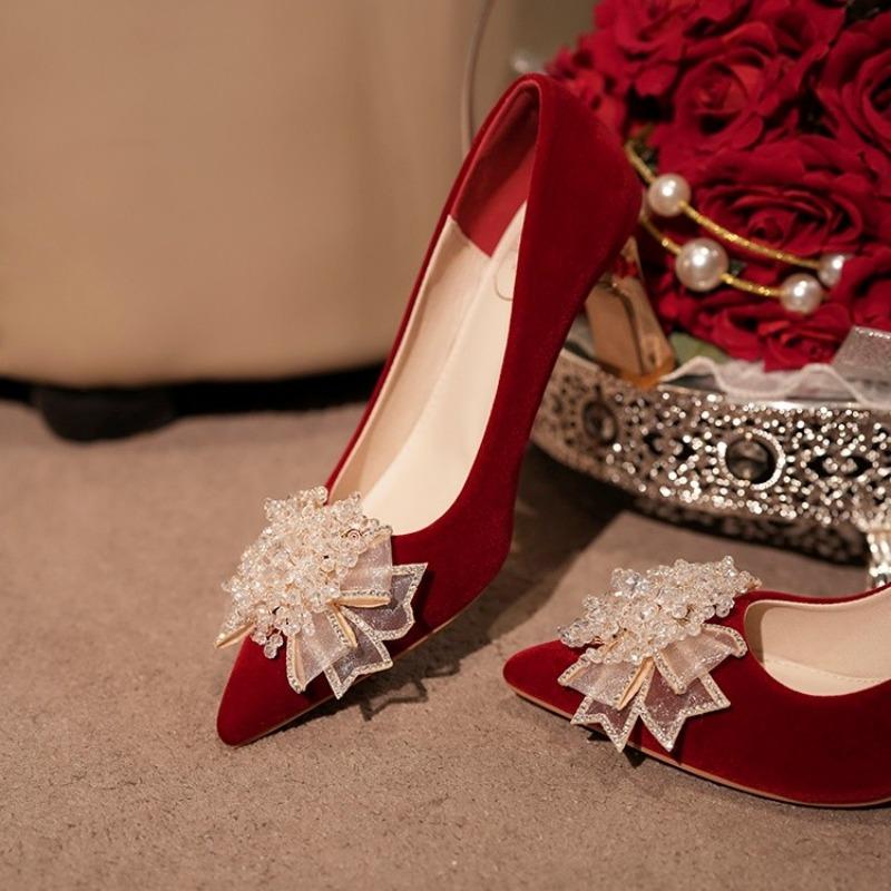 2025 Pointed Toe Rhinestone Bow Suede Women's Singles