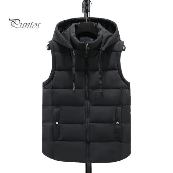 Unisex Cotton Waistcoat Hooded Stand Collar Drawstring Sleeveless Zipper Placket Vest Coat with Pockets Solid Color Thickened Warm Vest Jacket