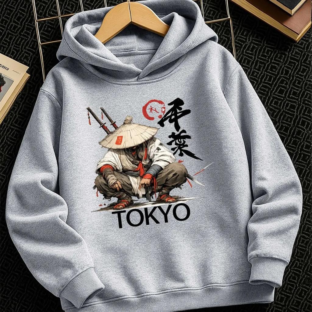 Boys Girls Kids Hoodie Japanese Samurai Printed Sweatshirt Tokyo Graphic Pullover Hooded Top Streetwear Autumn Winter Clothing