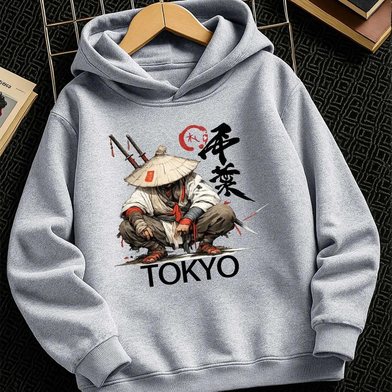 Jungen Mädchen Kinder Kapuzenpullover Japanischer Samurai Aufdruck Sweatshirt Tokyo Grafik Pullover Mit Kapuze Oberteil Streetwear Herbst Winter Kleidung 160 gray