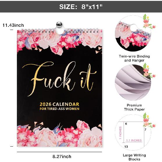 Fu-ck It 2026 Calendar for Tired-Ass Women, 2026 Fu-ck It Wall Calendar for Tired Women, Humor Hanging Month Calendar,Hanging Calendar for Home