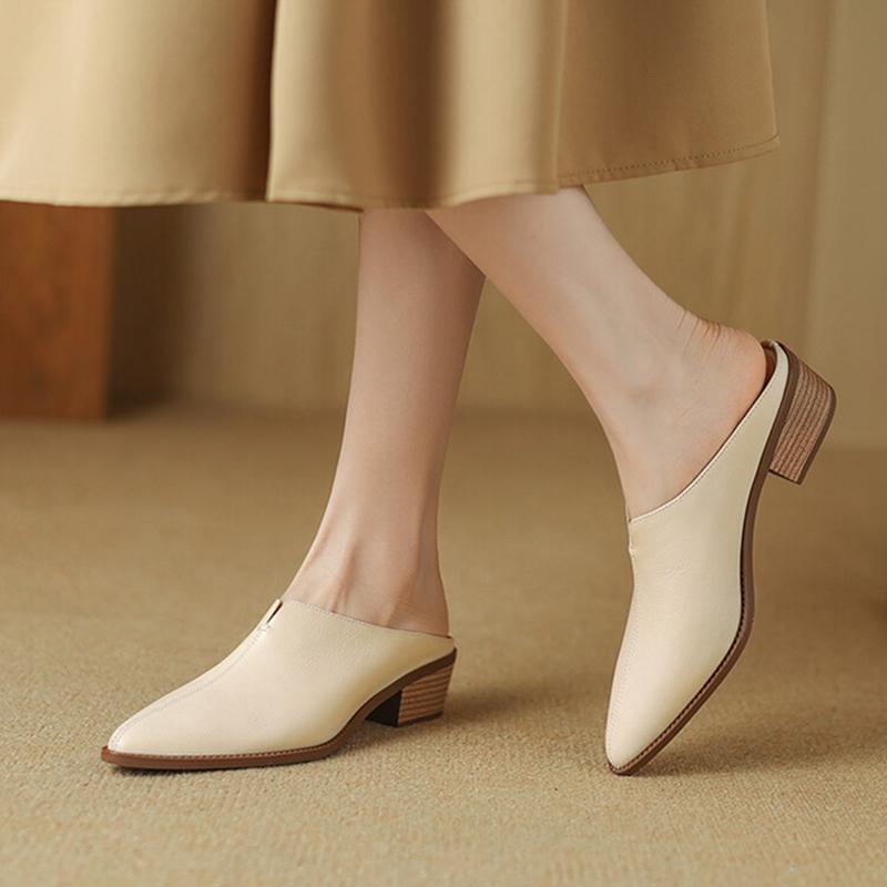 Fashion NEW Summer Women Mules Genuine Leather Shoes for Women Cover Toe Chunky Heel Slippers Pointed Toe Slingback Designer Sandals