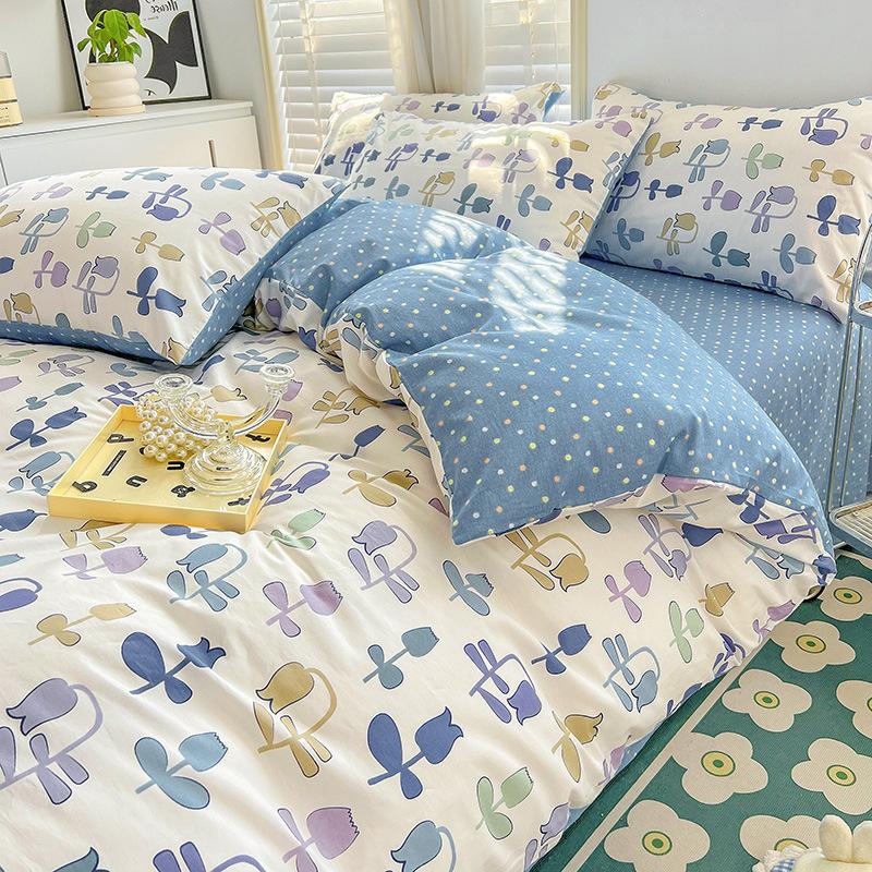 Pure Cotton Printed Four-piece Set, Pure Cotton Bed Sheet, Quilt Cover, Small Fresh Three-piece Set, Bed Home Thickened Quilt Cover