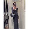 High-end exquisite dress early autumn new temperament v-neck horn sleeve slim and thin long dress versatile knitted skirt women