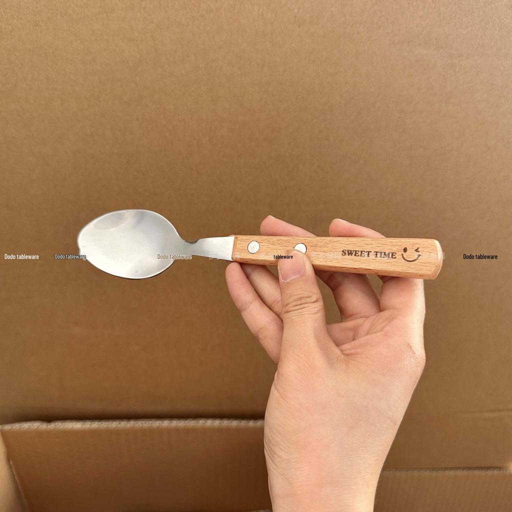 Stainless Steel Cutlery Set with Wood Handles and Smiley Logo - Knife, Fork, Spoon for Desserts and Dining.