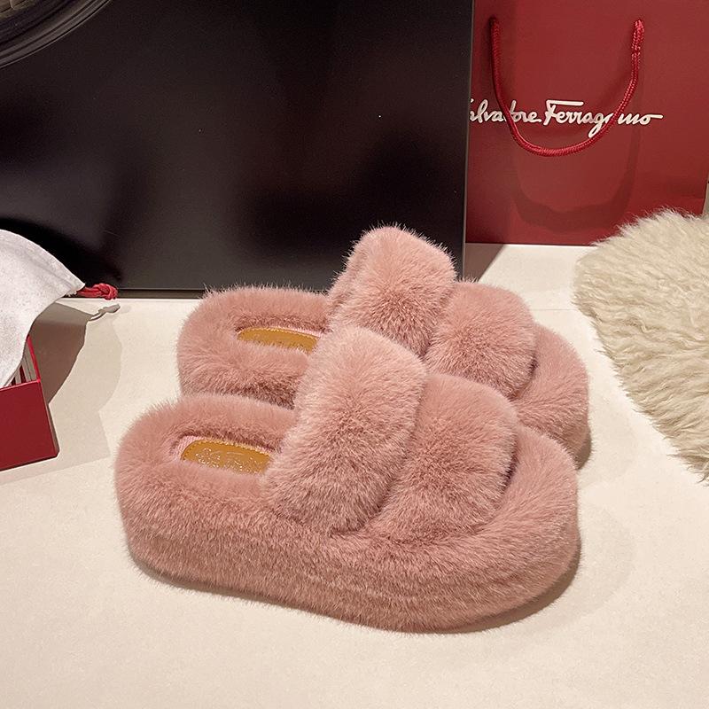 Muffin large size thick bottom height increase and fluffy slippers women wear autumn and winter fashion plush office home cotton mop