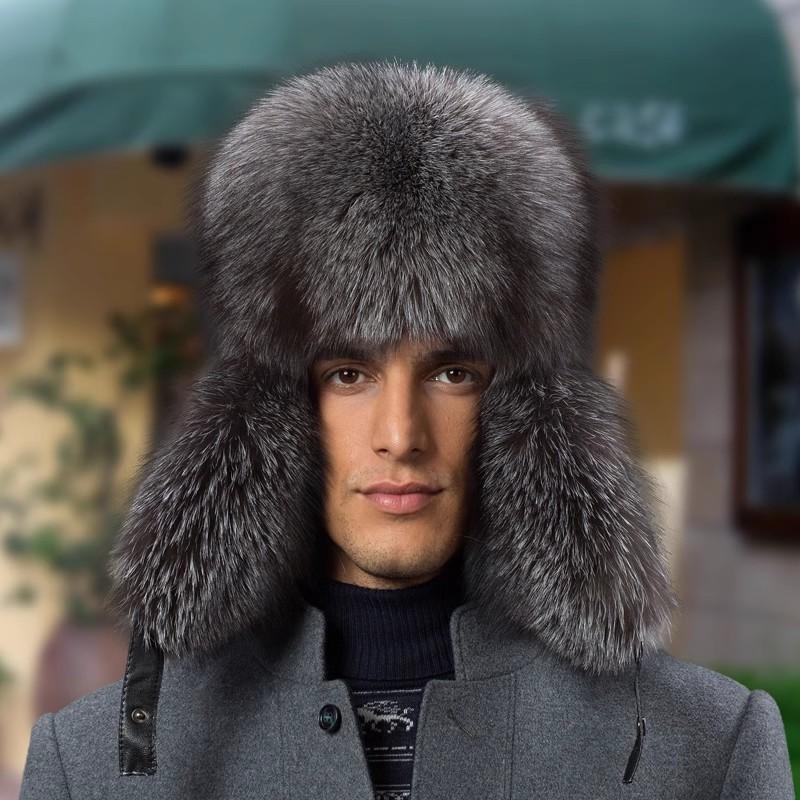 Real Fox Fur Hats Men 's Winter Lei Feng Hat Middle-Aged Elderly Outdoor Thickened Raccoon Fur Cap Warm Sheep Leather Bomber Hat