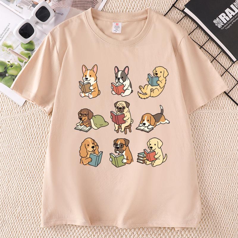 Funny Dog Reading TShirt Cute Dogs With Books Tee Dog Lover Funny Animal Graphic Tee Cotton Short Sleeve Round Neck Tees