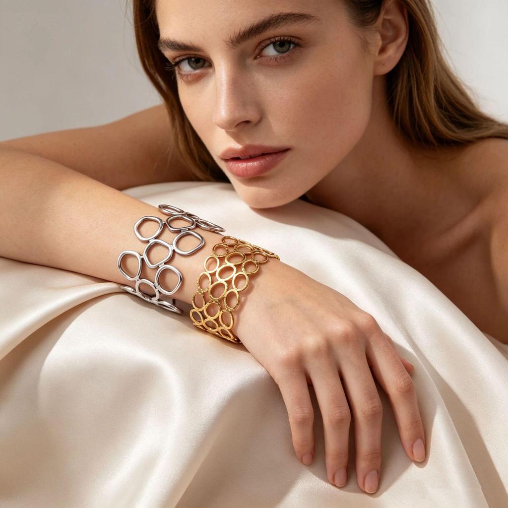 Gold Adjustable Wide Stainless Steel Open Cuff Bracelet for Women with European and American High-End Style