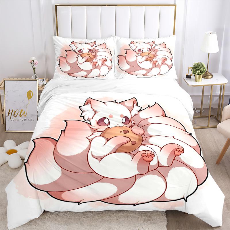 3pcs Winning Cute Nine Tailed Fox Cartoon Design Quilt Cover Set - Soft and Cozy Bedroom, Guest Room and Dorm Decorative Bedding 3-Piece Set 1 Qu