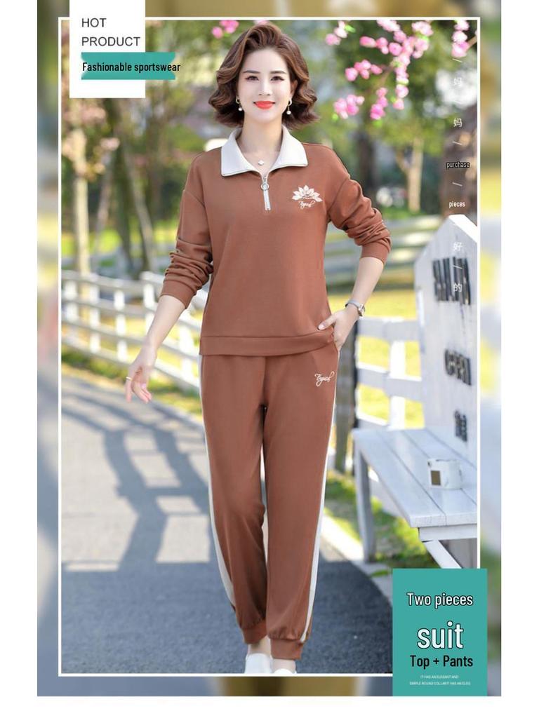 Freizeit-Sportbekleidung für Damen für Frühling & Herbst: Stilvolles, lockeres Zweiteiler-Set mit langen Ärmeln für die mittlere und ältere Generation