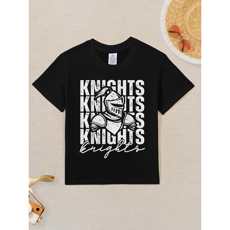 European sizes Vintage Knight School Mascot Graphic T-Shirt for Boys & Girls - Short Sleeve Casual Tee with Knights Lettering & Mascot Emblem 98cm чёрный