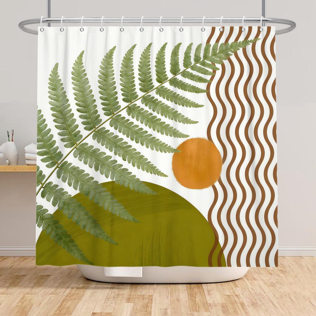 Tropical Rainfores Bathroom Shower Curtain Plant Green Leaves Simple Line Decor Waterproof Bathtub Bathroom Curtain With Hooks