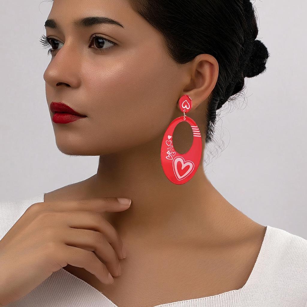 Red geometric oval love print earrings fashionable and elegant festive high-end women's earrings