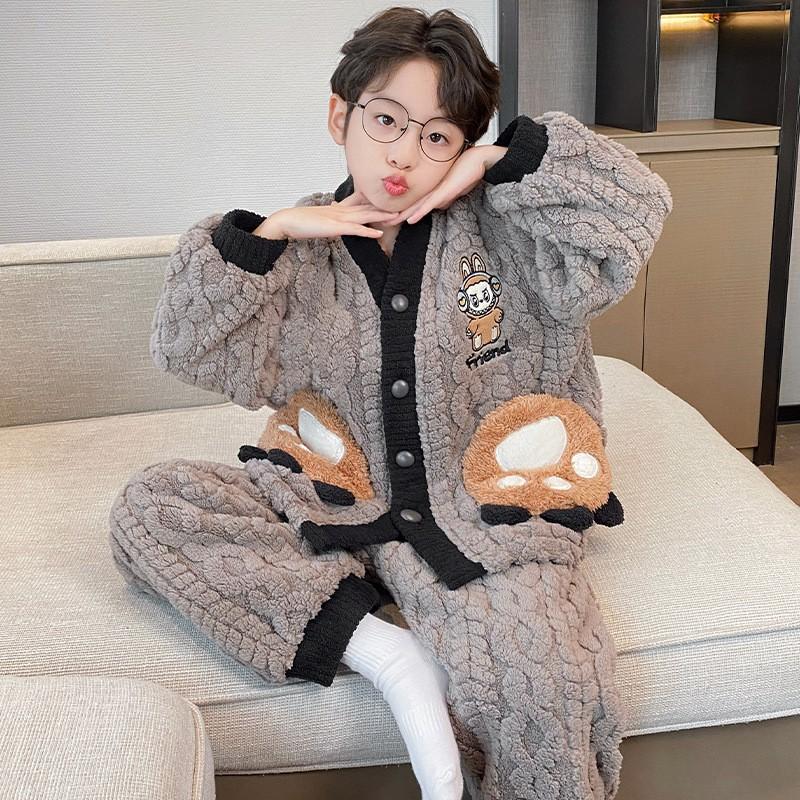 Boys Warm Coral Fleece Pajamas Set Long Sleeve Thickened Home Wear Kids Ages 8 Winter Sleepwear