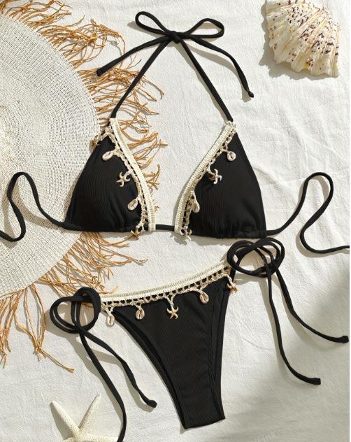 

Swimsuit new solid color lace-up swimsuit women s three-point sexy beach bikini XL чорний