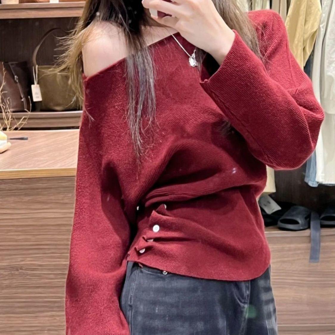 

Женский красный трикотажный свитер на одно плечо - Модный облегающий базовый топ на осень/зиму One Size красный