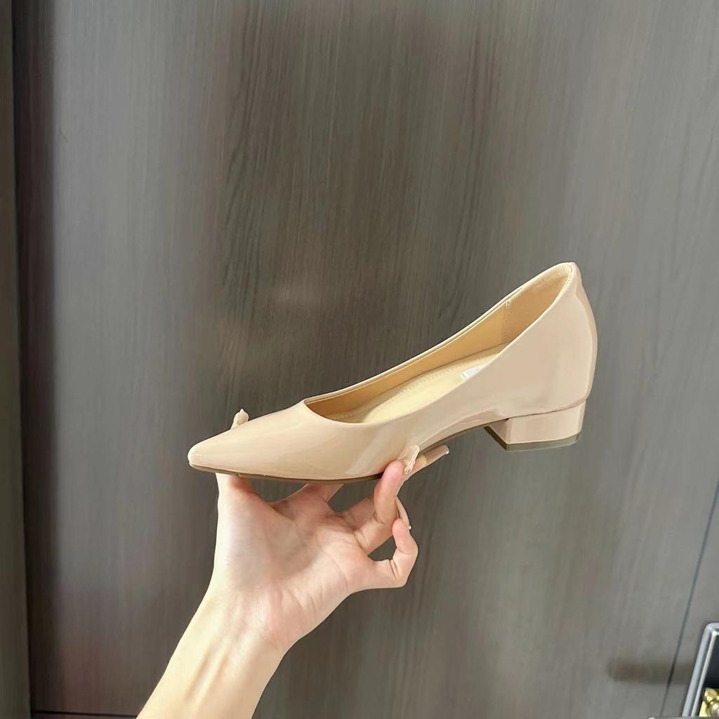 2025 spring and autumn new inner height increase single shoes women's leather pointed head shallow mouth thick heel work commuter small leather sho