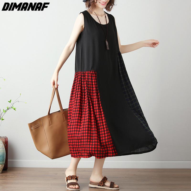 

DIMANAF 2021 Новое летнее платье Женщины Плюс Размер Лен Клетчатое платье Элегантный Повседневный Свободный