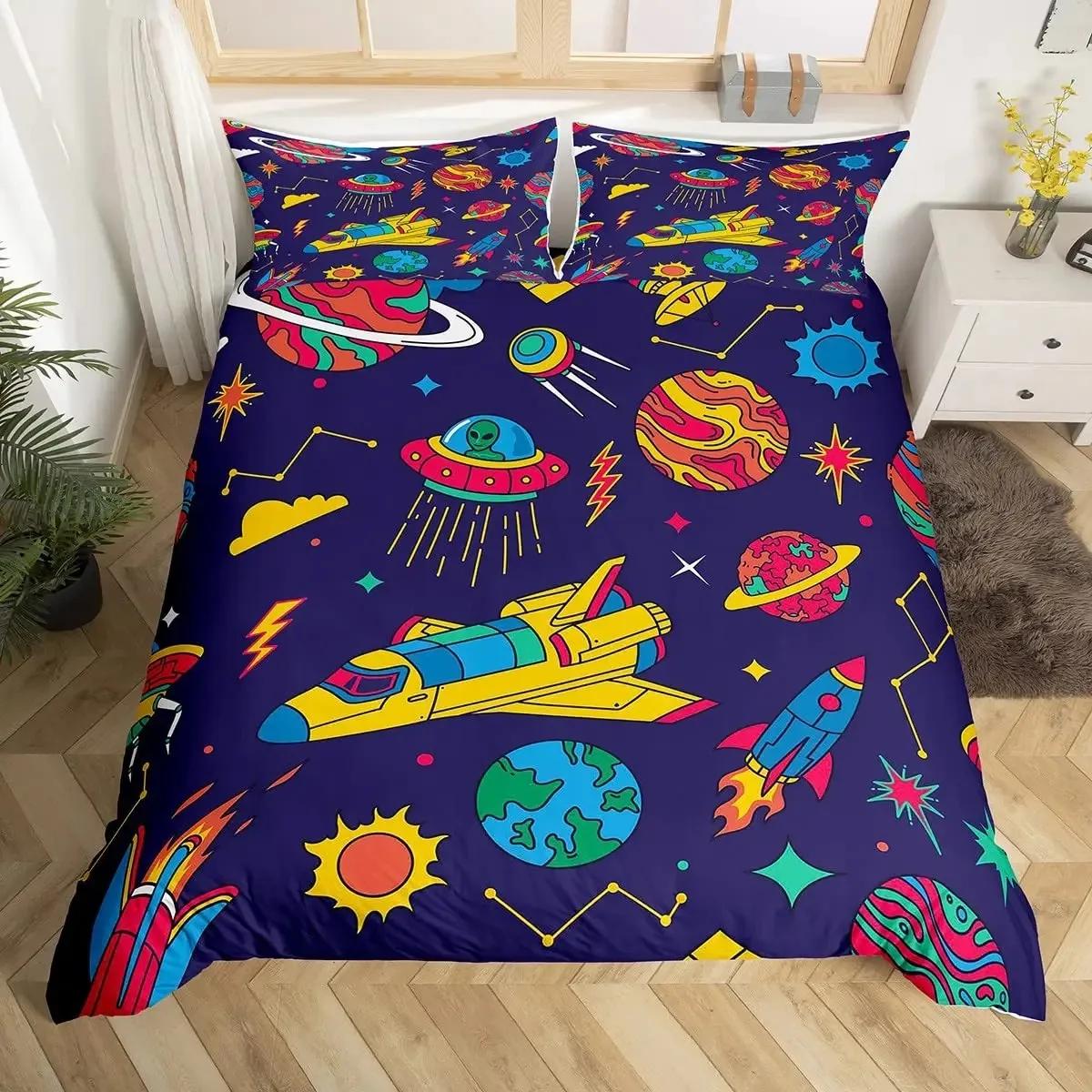 

Modern Rocket Ship Duvet Cover Set Full Size,Space Ship Galaxy Bedding Set,boys Girls Rocket Planet Star Cartoon Comforter Cover 70x133cm