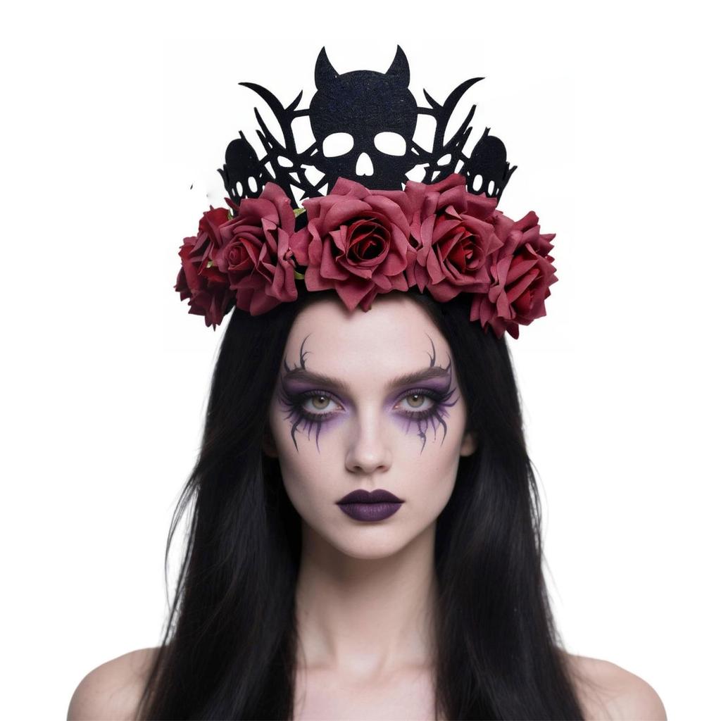 Adjustable Witch Devil Crowns Headpiece For Halloween Parties Soft Fabric Roses Costume Decoration