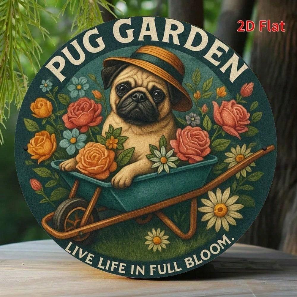 Metal Wall Art Pug Dog with Flowers and Watering Can, Garden Decor