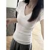 American retro V-neck short-sleeved T-shirt women's summer basic solid color inner slim-fitting top bottoming shirt