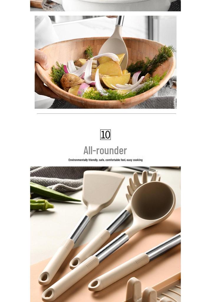 13-Piece Stainless Steel Handle Silicone Kitchen Tools Set - Non-stick Frying Pan, Spatula, Spoon, and More