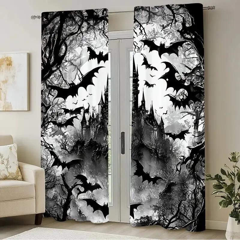 Set Of 2 Halloween Castle Style Patterned Printed Curtains Window Decorations Home Room Curtain Polyester