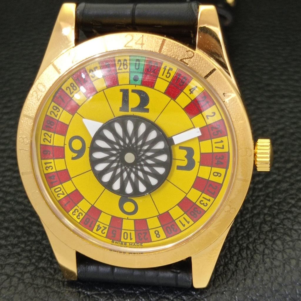 HAND-WINDING VINTAGE SWISS MENS POKER FACE YELLOW COLOR DIAL WATCH A701177-5 R205b-a701177