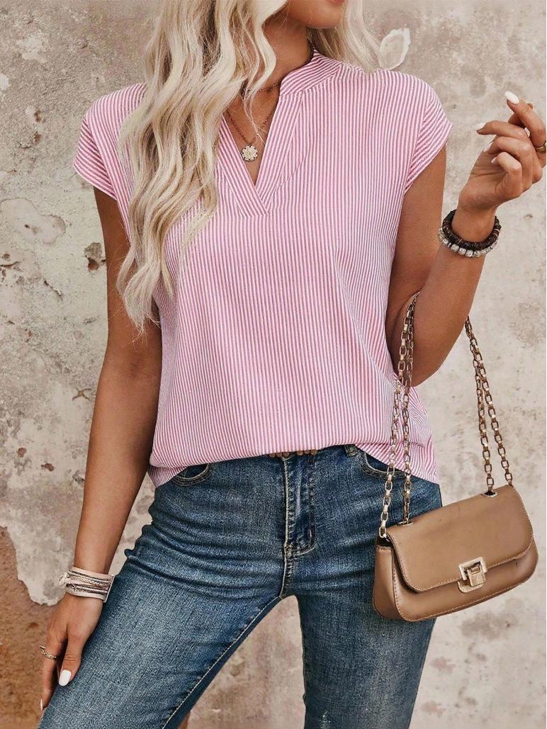 

Женская летняя повседневная полосатая рубашка с V-образным вырезом и коротким рукавом (Европейский и американский стиль) L розовый