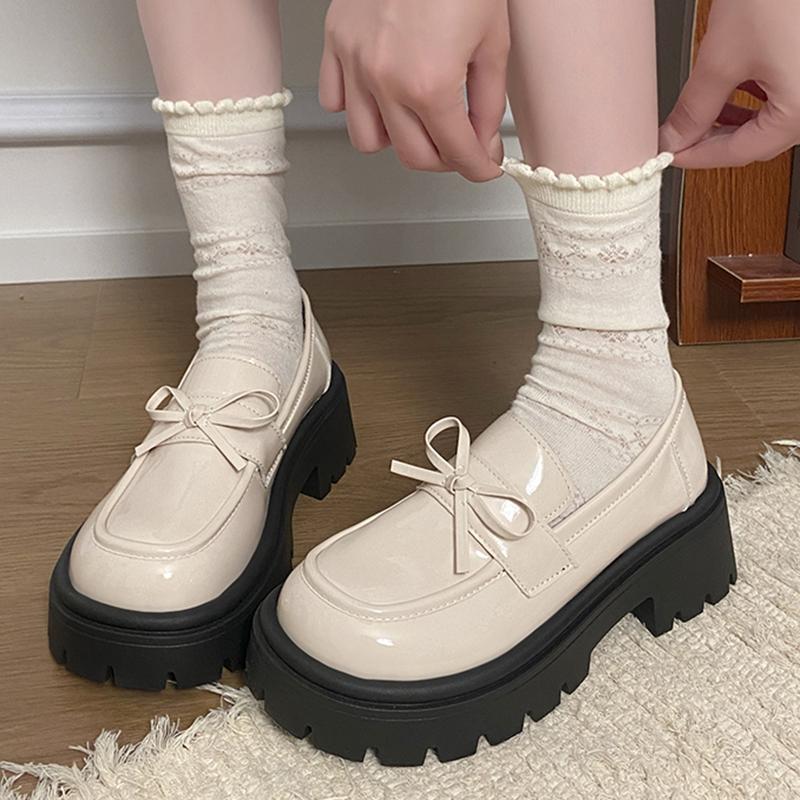 

Мода 2025 Туфли-лоферы на платформе с бантом Женская модная обувь на высоком каблуке Jk из ПУ кожи Женские корейские туфли-слипоны на толстой подошве 40 бежевый