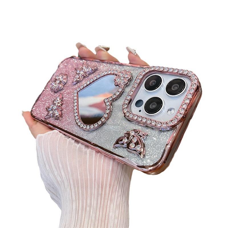 Electroplating love mirror iPhone16promax mobile phone case rhinestone Apple 15 for 14 glitter 13 Pro New