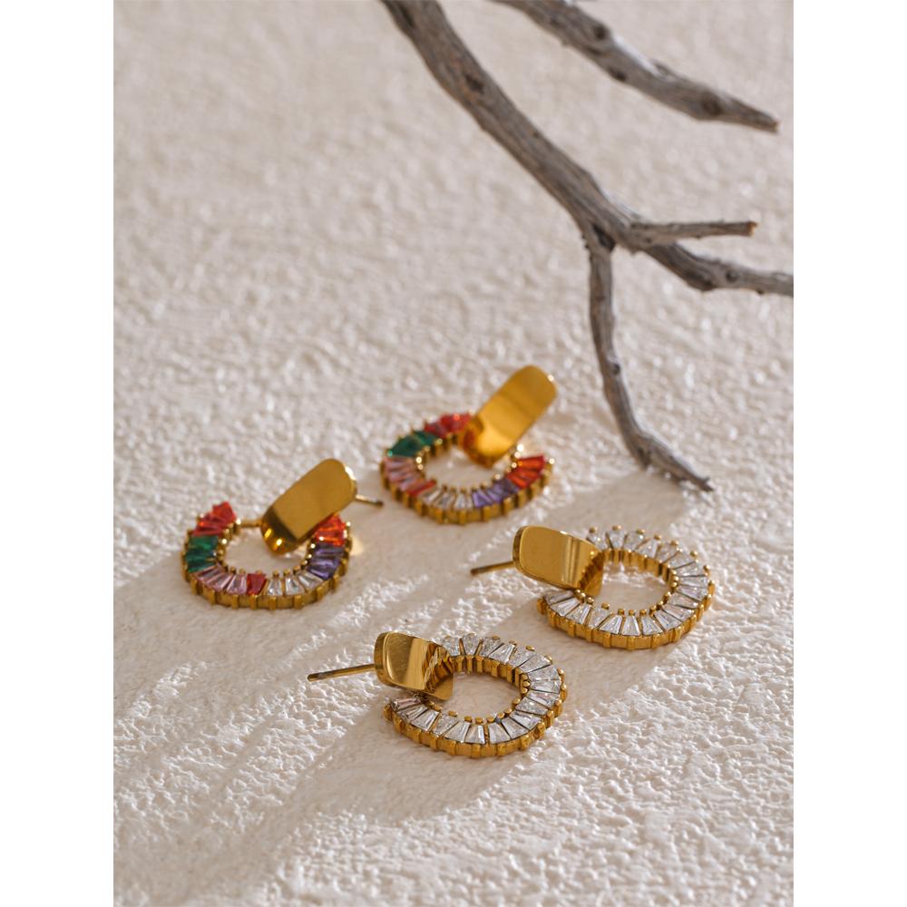 Yhpup Colorful Shiny Cubic Zirconia Geometric Daily Earrings for Women Stainless Steel Waterproof Fashion Chic Korean Jewelry