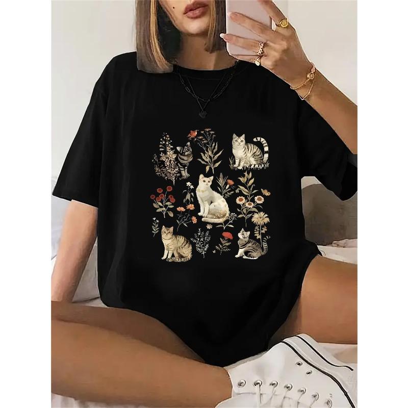 

Womens Oversized Cat Floral Print Tee Black White Tabby Camelia Cat Red Poppy Graphic Round Neck Short Sleeve Soft Breathable Loose Fit Machine 4XL чорний