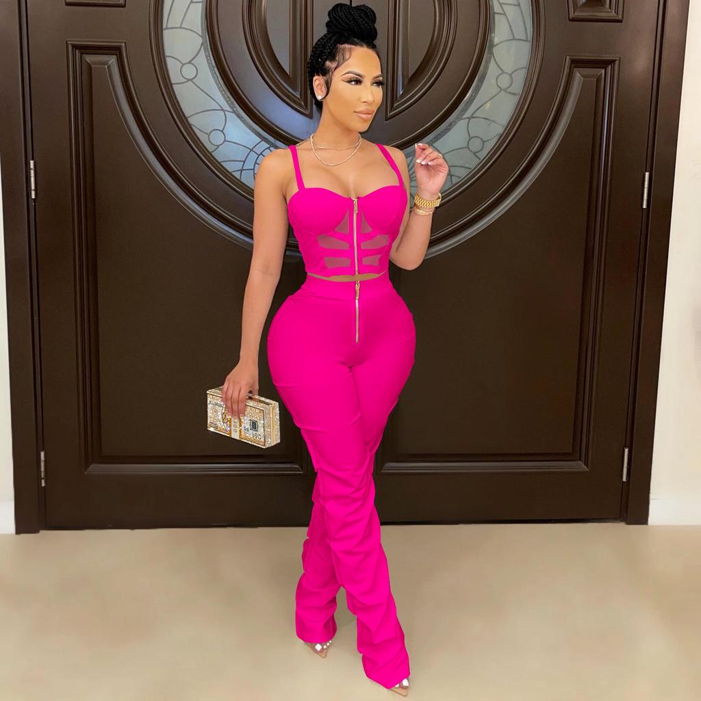 X5215 Women's Solid Color Sexy Camisole Bustier Zipper Vest and Long Pants Two-Piece Set