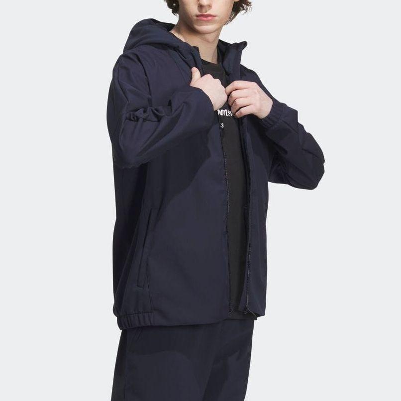 Adidas Solid Color Logo Print Zip-Up Hooded Jacket Men Outerwear Navy-Blue IK7348