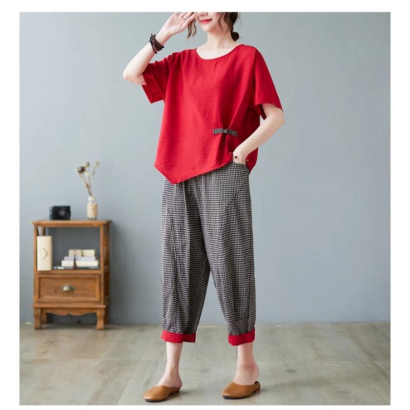 Sets Women Casual T Shirt Ankle Length Pants Summer Vintage Style Loose Pant Suits