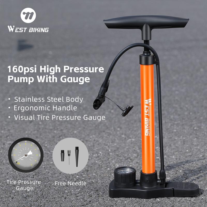 WEST BIKING Bike Pump With Gauge 160PSI High Pressure Hand Pump Schrader/Presta Valve Tire Inflator MTB Road Bike Accessories