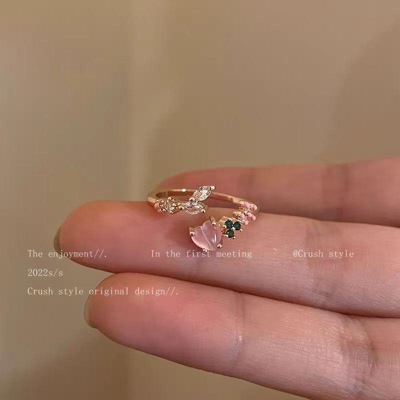 Double Love Zircon Open Ring Female Japanese Design Index Finger Ring Internet Celebrity Adjustable Ring
