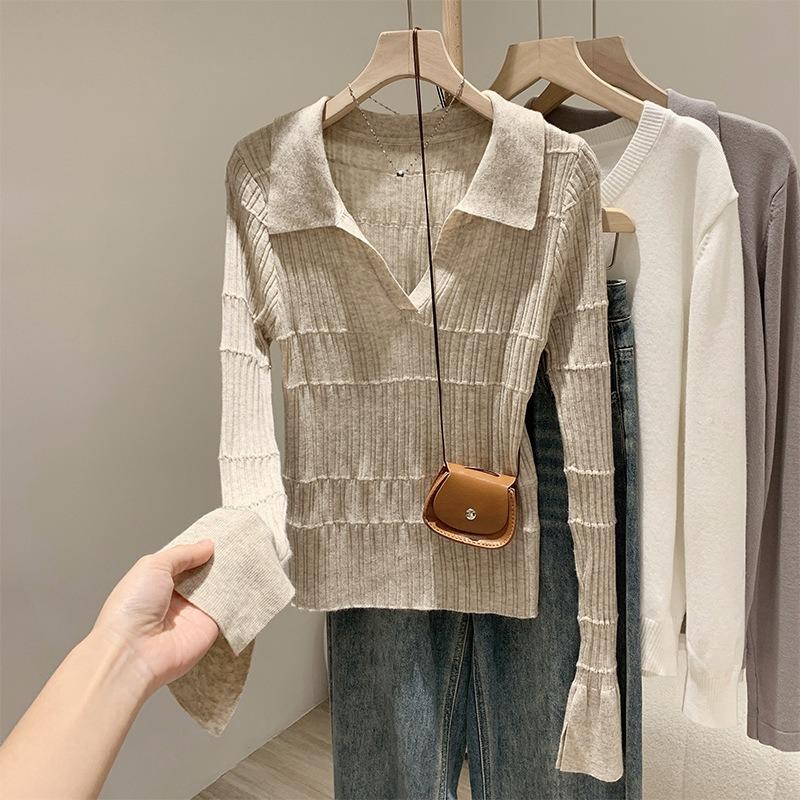 Design sense niche knitted long-sleeved shirt women's autumn slim-fitting and thin lo shirt unique popular top