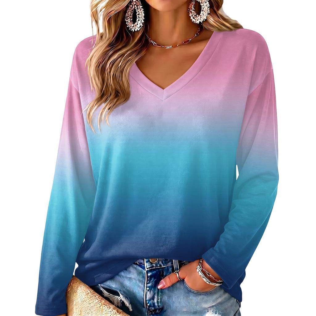 Women's V-Neck Long Sleeve Gradient Print Blouse Lightweight for Spring Summer