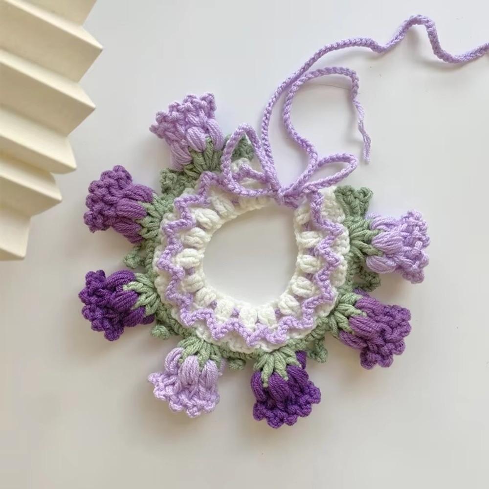Pet Fashion Orchid Bell Flower Knitted Pet Collar Patchwork Lace-up Pet Drool Scarf Sweet Crochet Pet Collar Photo Accessories