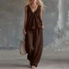 Women's Cotton Linen Two-Piece Outfit Set Sleeveless Top and Long Pants Casual Color