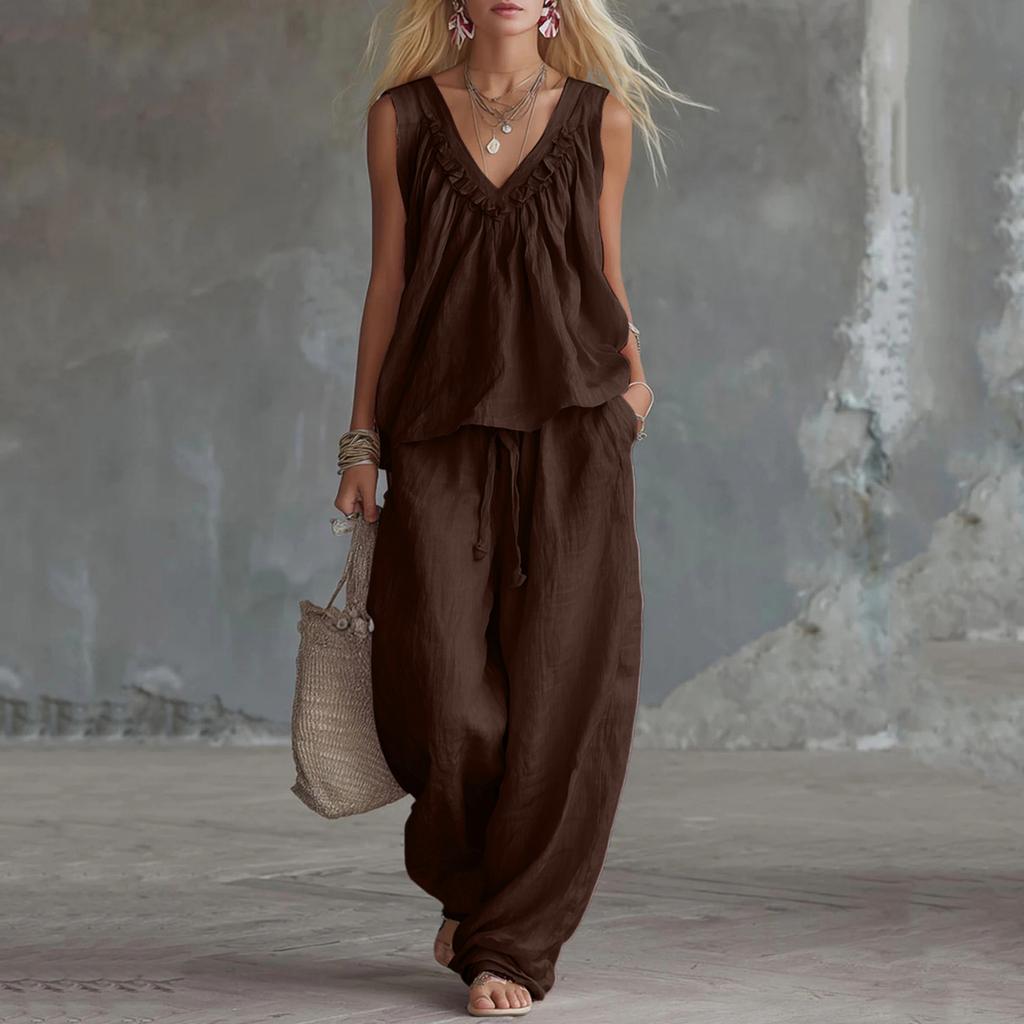 Women's Cotton Linen Two-Piece Outfit Set Sleeveless Top and Long Pants Casual Color
